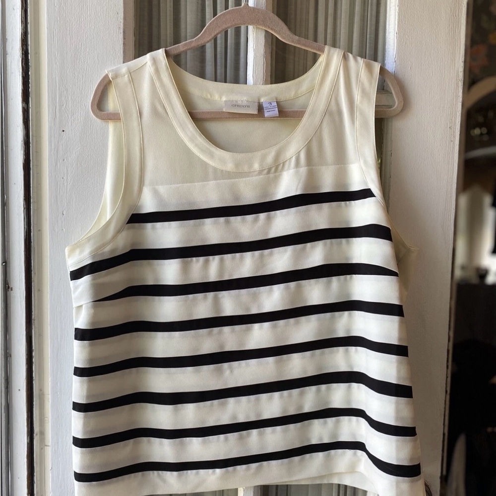 Chicos Size 3 Cream & Black Stripe Crepe Tank Top